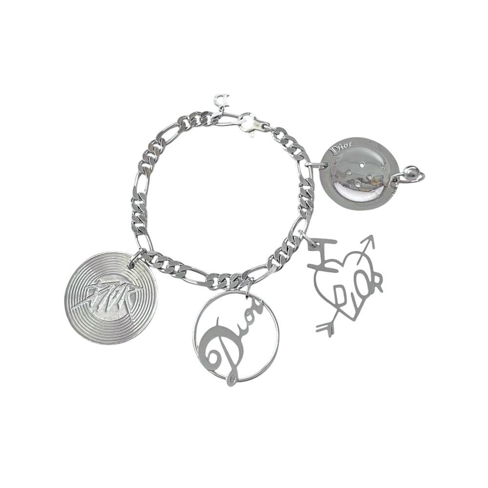 AUTH VTG Christian Dior Silver Figaro Chain Link Large Logo Charm Bracelet
